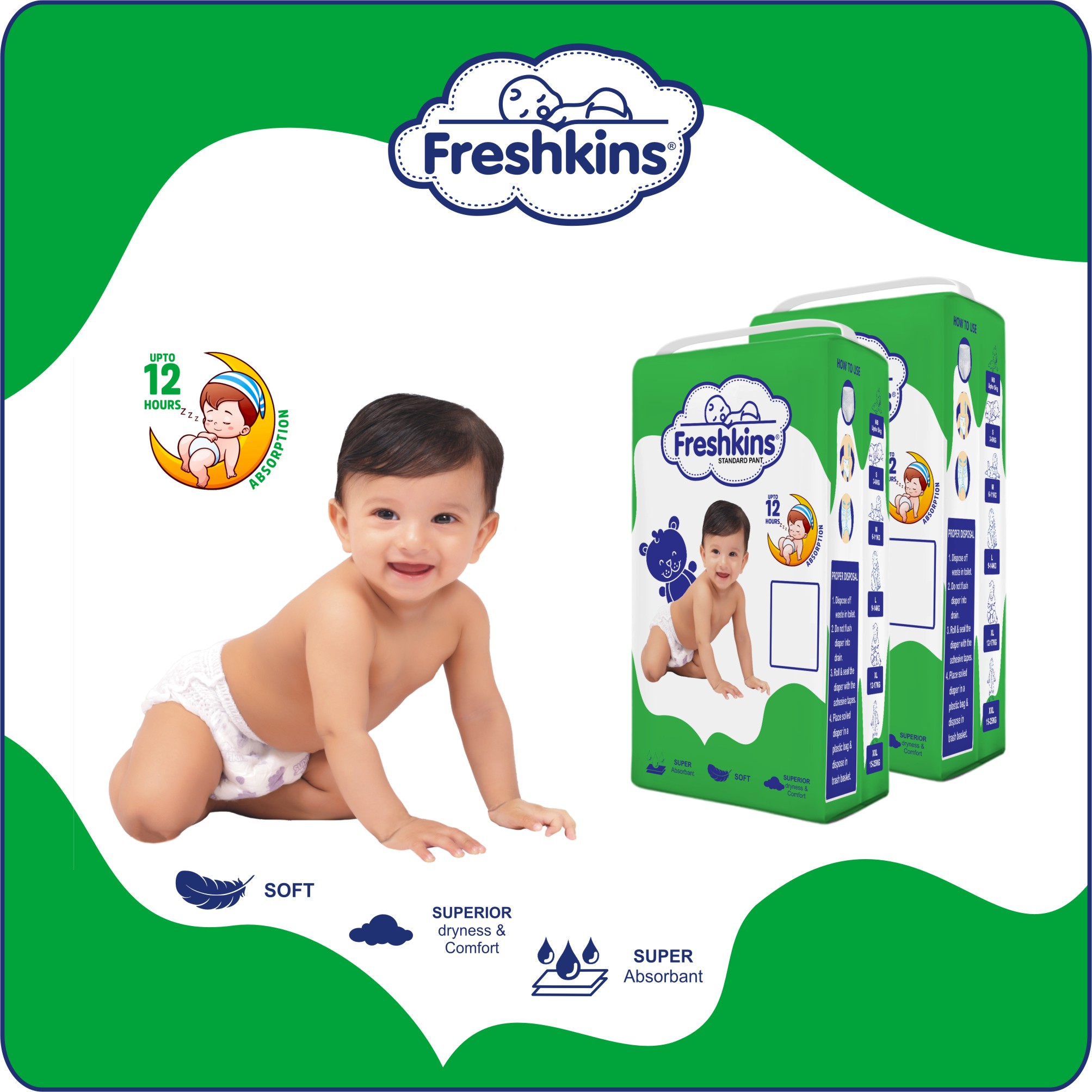 Freshkins Green Standard Baby Pants Leakproof Comfort for Active Babies