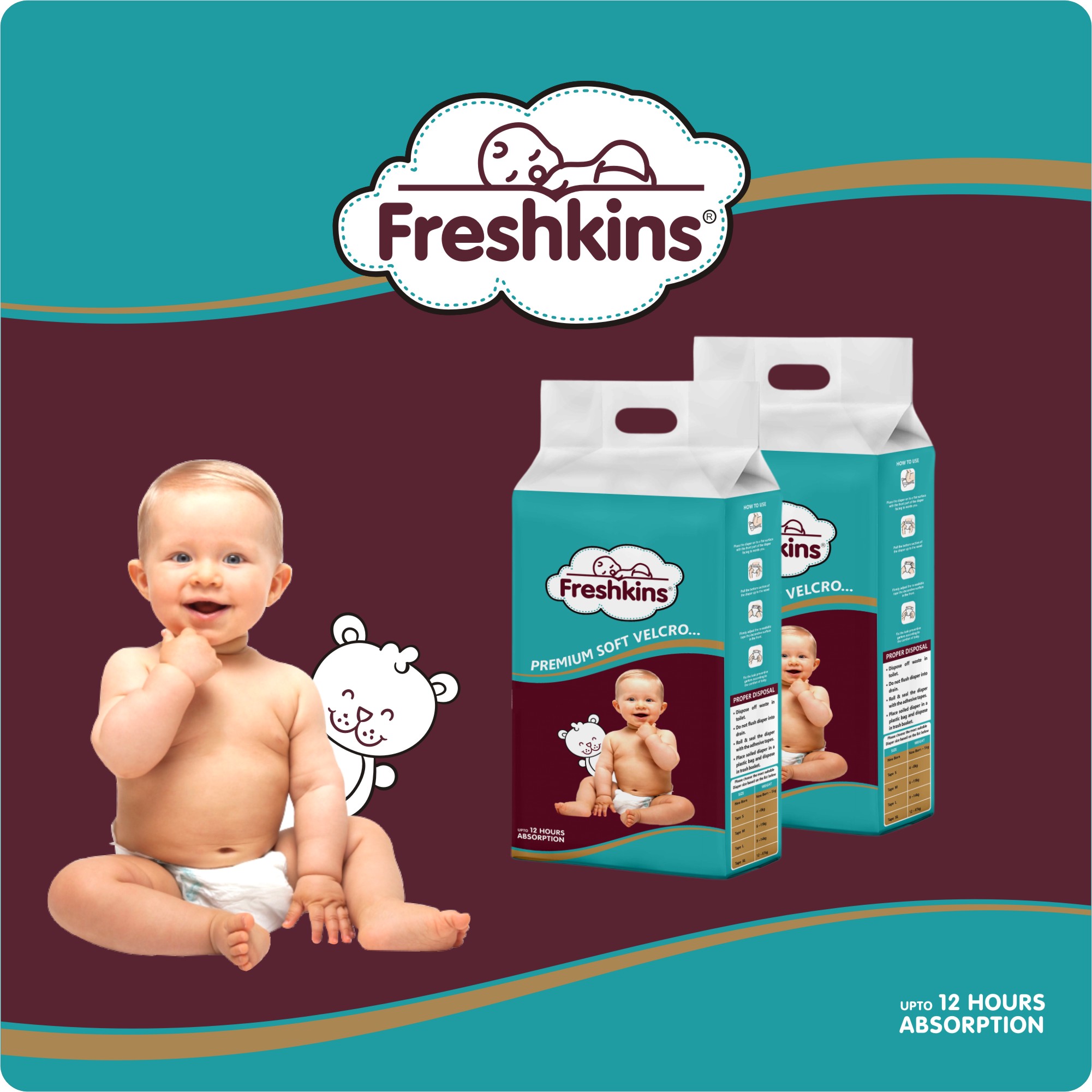 Freshkins Premium Soft Baby Diapers Customizable Fit For Babies 