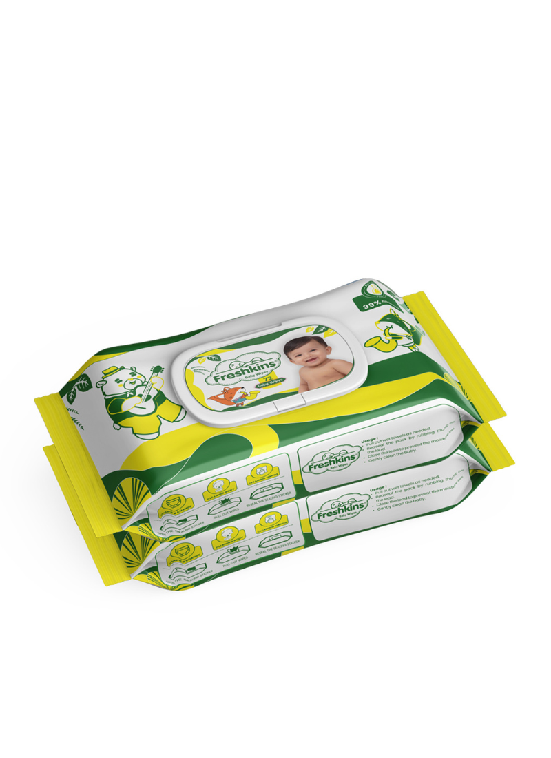 Freshkins Soft Cleansing Baby Wet Wipes yellow (Pack of 2) 72 Wipes Each-99% pure water