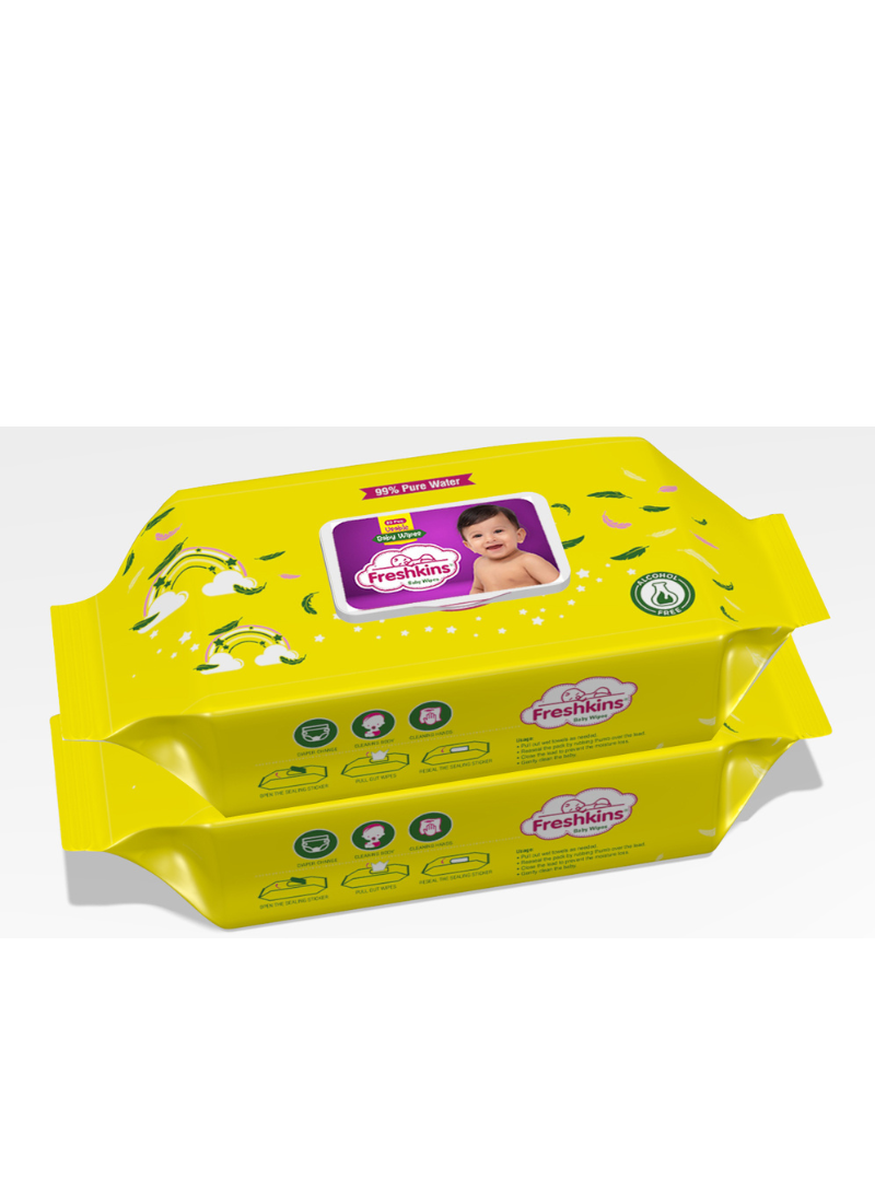 Freshkins Soft Cleansing Baby Wipes yellow (80 Wipes) 99% Pure Water And Super Saver Travel Friendly 