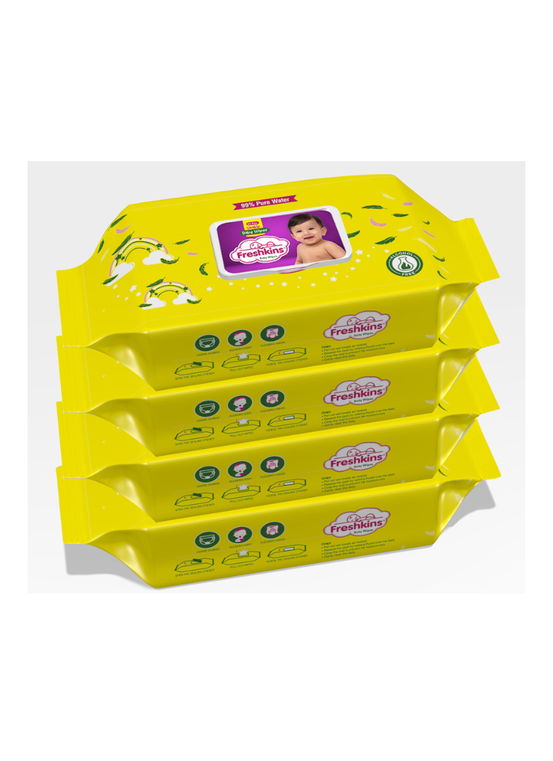 Freshkins Soft Cleansing Baby Wipes yellow (80 Wipes) 99% Pure Water And Super Saver Travel Friendly 