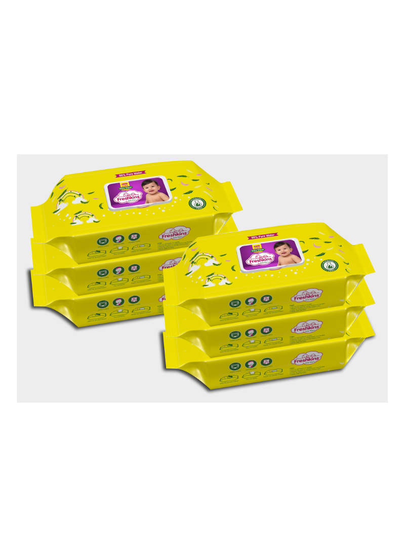 Freshkins Soft Cleansing Baby Wipes yellow (80 Wipes) 99% Pure Water And Super Saver Travel Friendly 