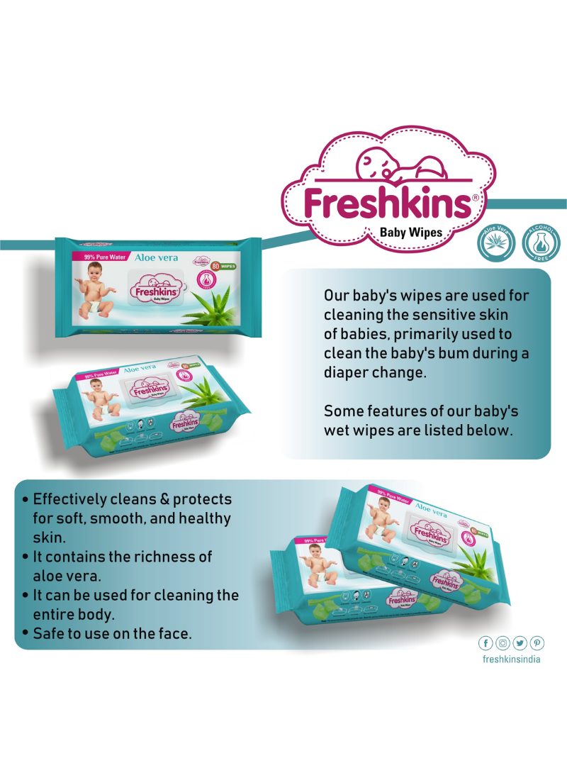 Freshkins Soft Cleansing Baby Wet Wipes green (Pack of 2) 80 Wipes Each-99% pure water