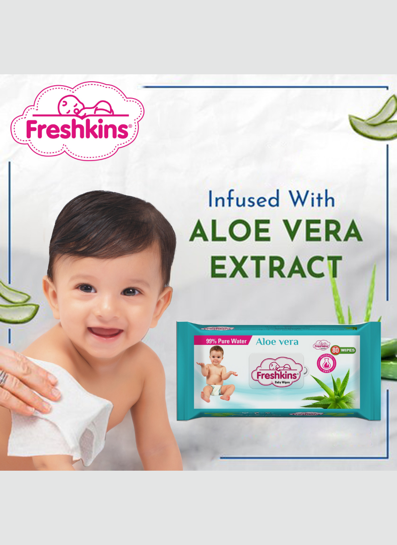 Freshkins Soft Cleansing Baby Wet Wipes green (Pack of 2) 80 Wipes Each-99% pure water