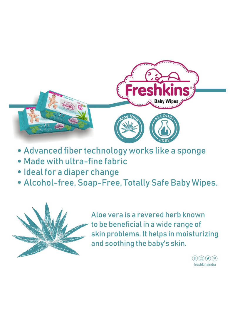 Freshkins Soft Cleansing Baby Wet Wipes green (Pack of 2) 80 Wipes Each-99% pure water