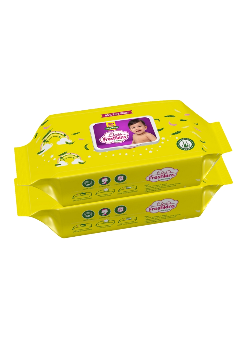 Freshkins Soft Cleansing Baby Wipes yellow (80 Wipes) 99% Pure Water And Super Saver Travel Friendly 