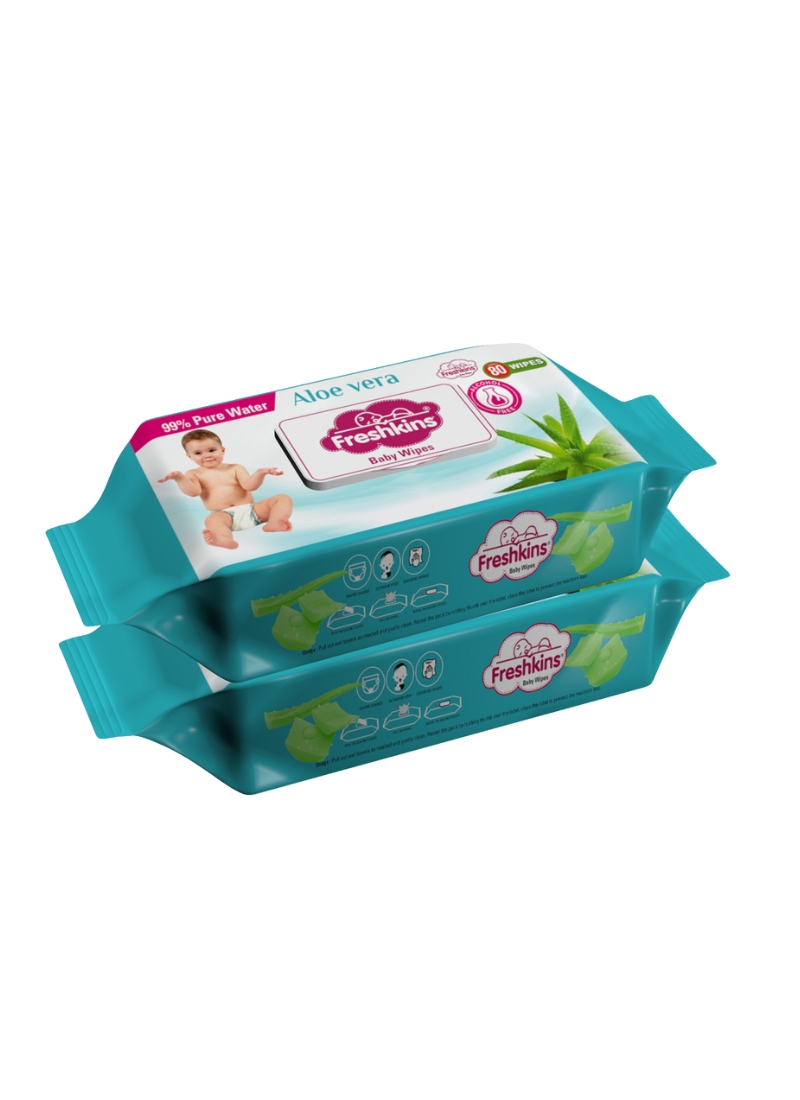 Freshkins Soft Cleansing Baby Wet Wipes green (Pack of 2) 80 Wipes Each-99% pure water