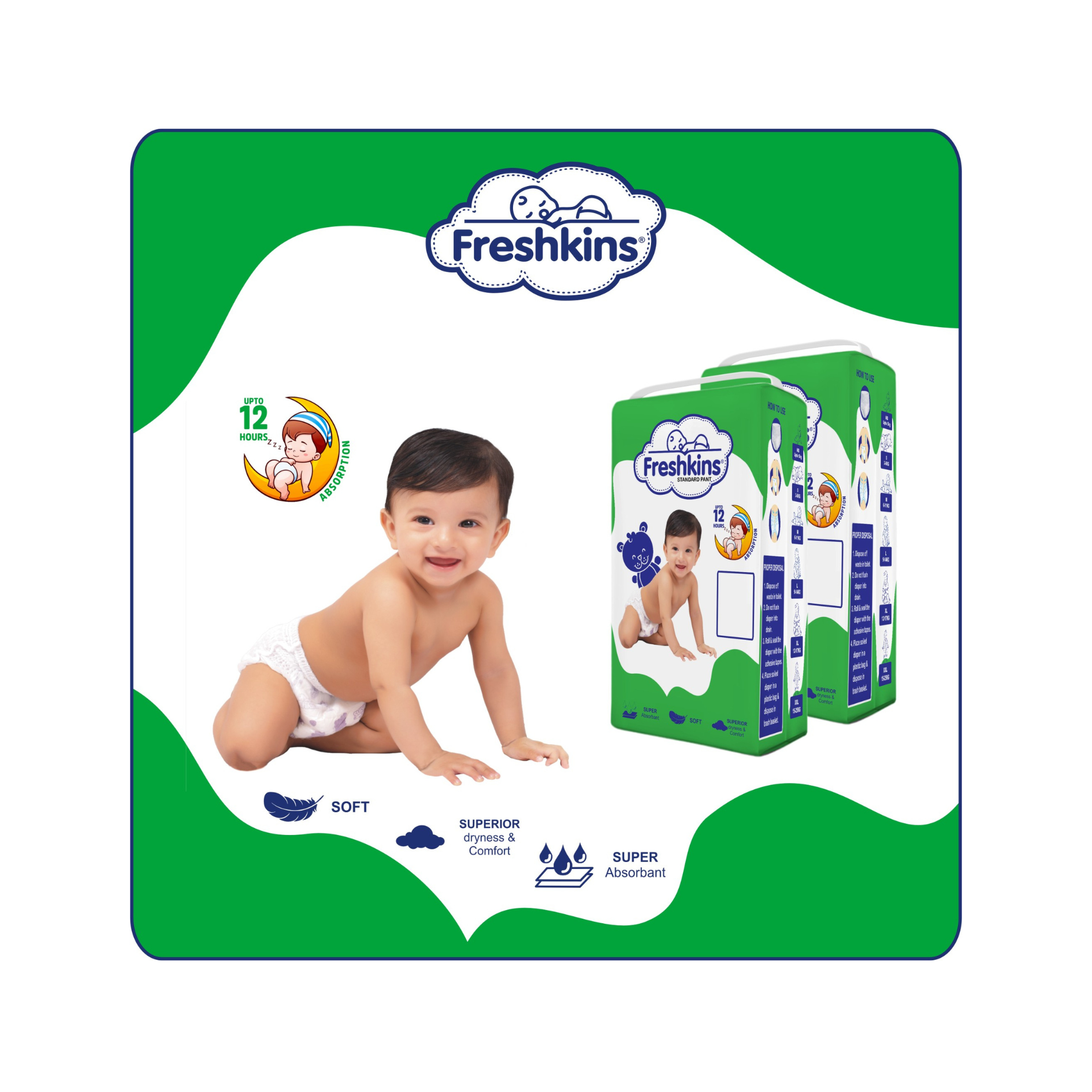 Freshkins Green Standard Baby Pants Leakproof Comfort for Active Babies